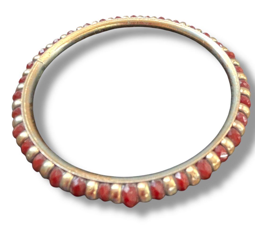 Goldtone and Red Beaded Bangle Bracelet 2.6" Inside Diameter (3/8"w)