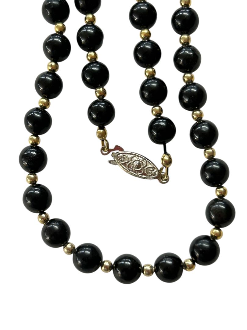 Vintage Black Beaded Necklace Goldtone Spacers Box Clasp 25"