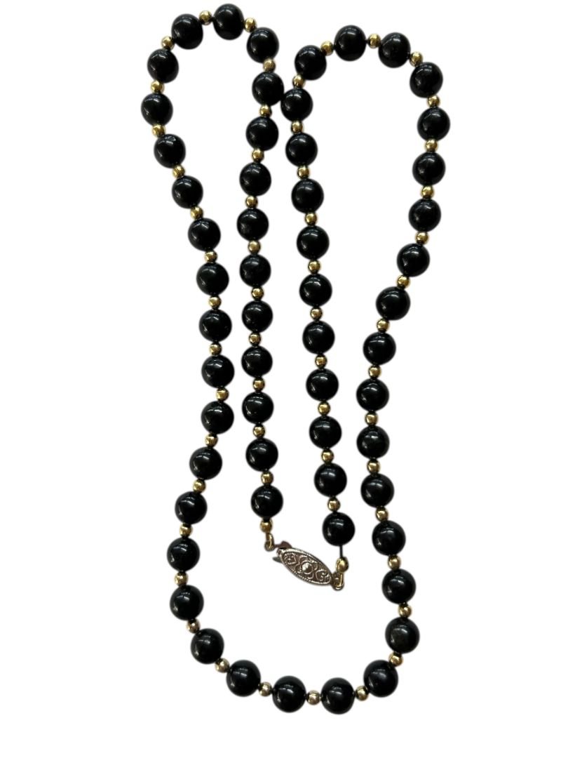 Vintage Black Beaded Necklace Goldtone Spacers Box Clasp 25"