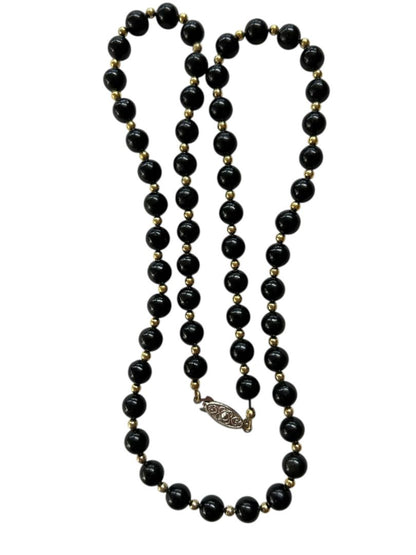Vintage Black Beaded Necklace Goldtone Spacers Box Clasp 25"