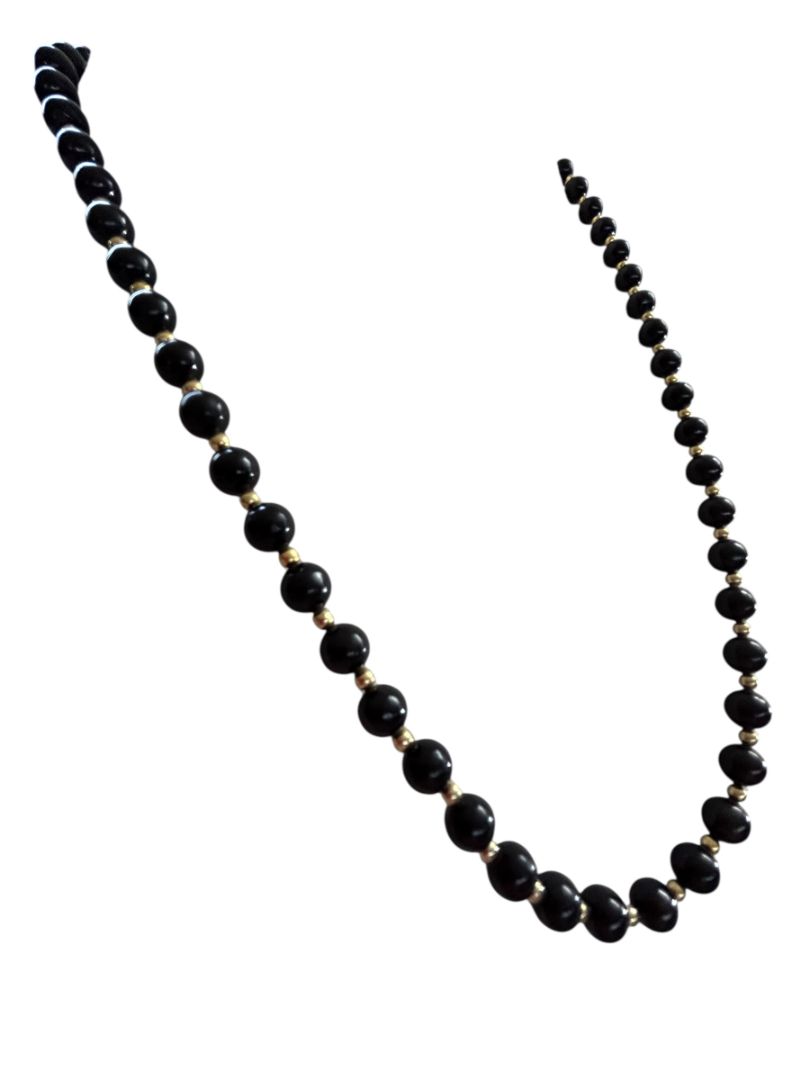 Vintage Black Beaded Necklace Goldtone Spacers Box Clasp 25"