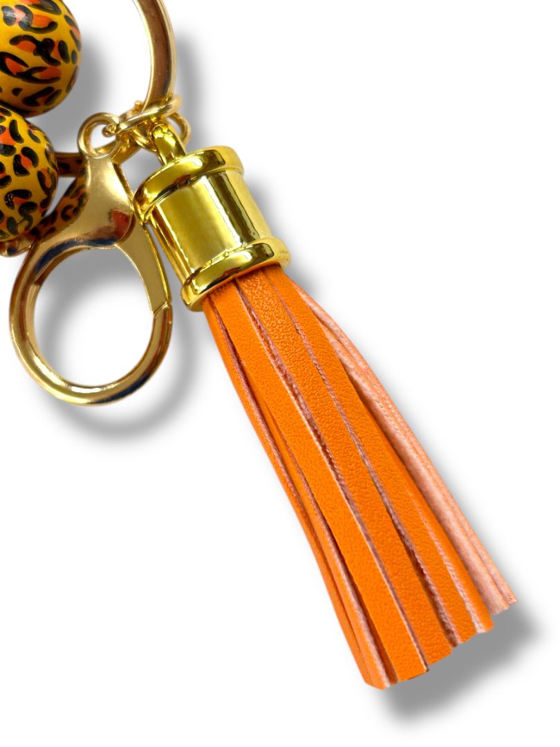 Keyring Clip Bracelet Stretchy Orange Leopard Print Handbag Tassel