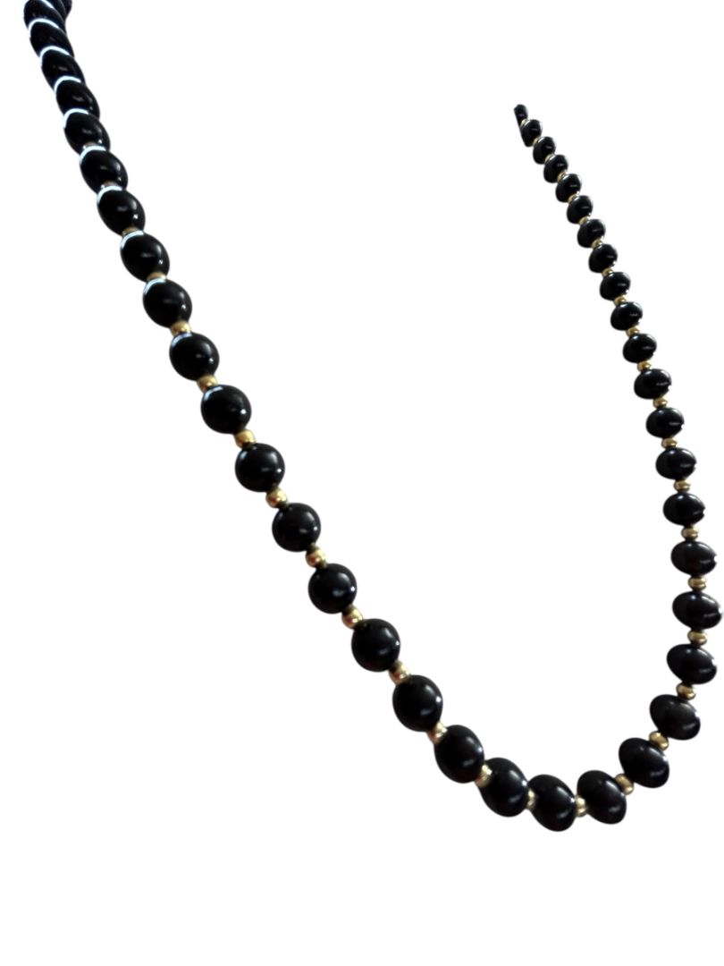 Vintage Black Beaded Necklace Goldtone Spacers Box Clasp 25"