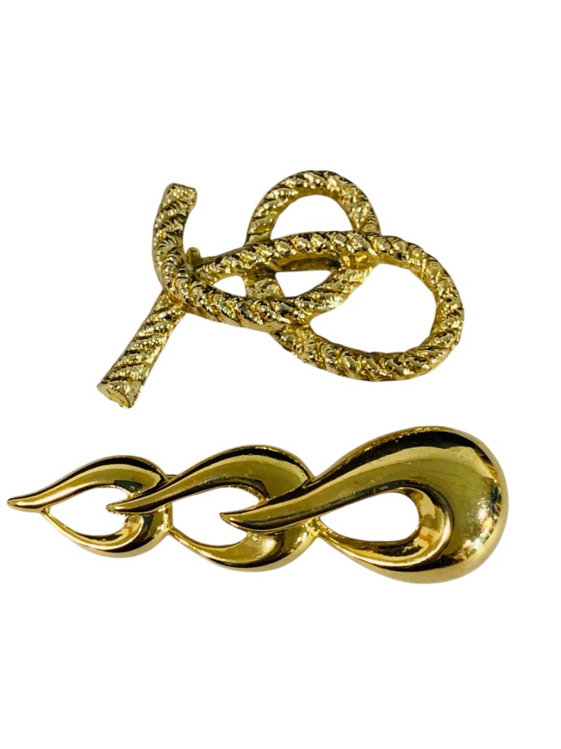 Set of 2 Goldtone Brooches Knot Rope 2.25" Abstract Design 3"