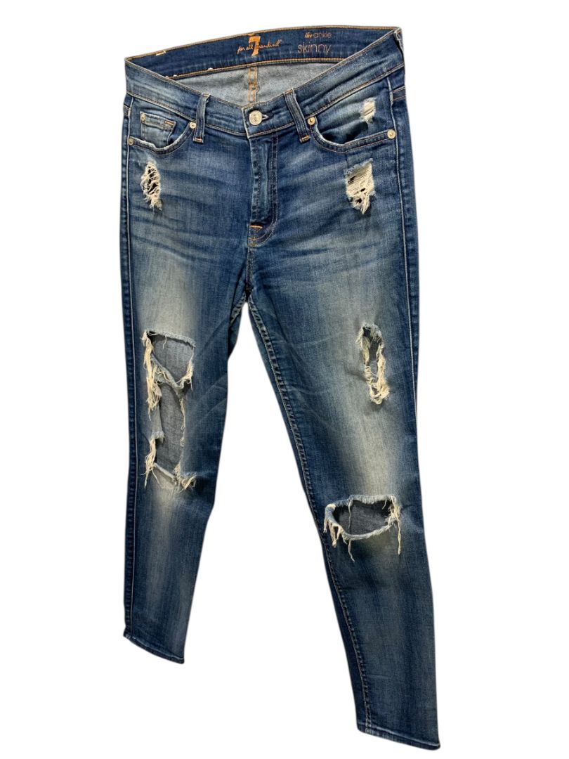 Size 25 7 for All Mankind Blue Distressed The Ankle Skinny Womens Jeans