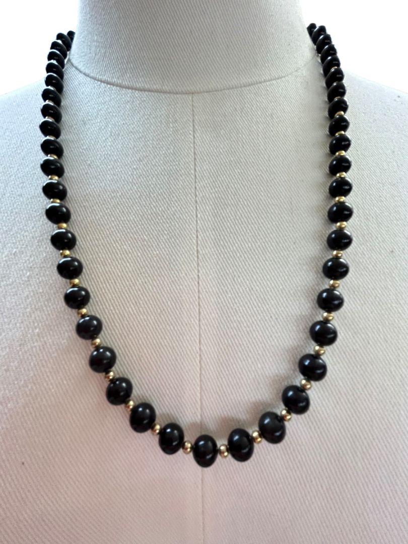 Vintage Black Beaded Necklace Goldtone Spacers Box Clasp 25"