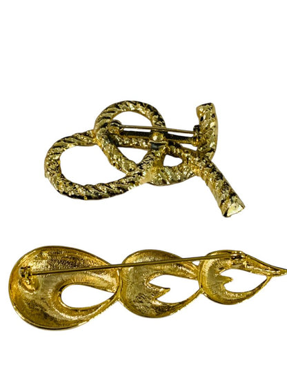 Set of 2 Goldtone Brooches Knot Rope 2.25" Abstract Design 3"