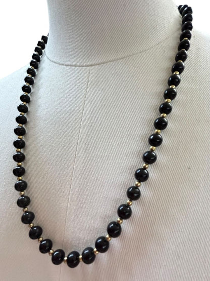 Vintage Black Beaded Necklace Goldtone Spacers Box Clasp 25"