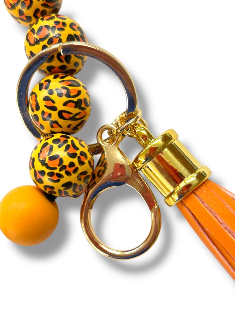 Keyring Clip Bracelet Stretchy Orange Leopard Print Handbag Tassel