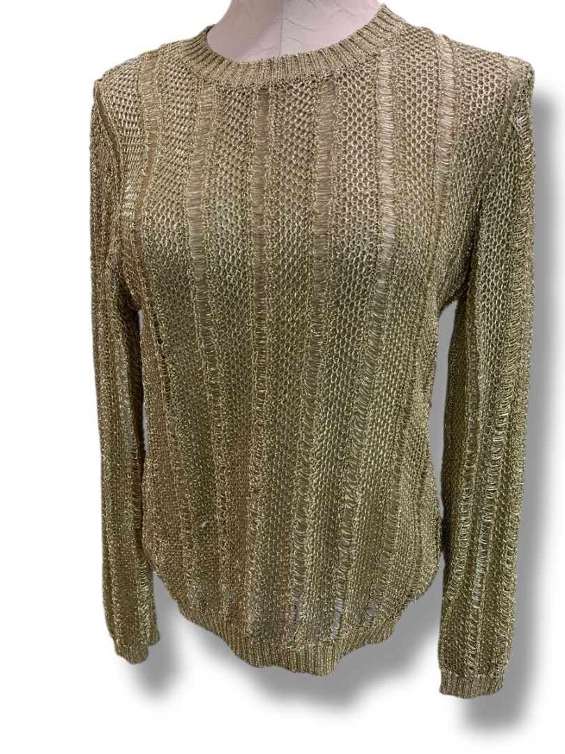 Medium HWRE Anthropologie Womens Loose Knit Metallic Sweater Gold