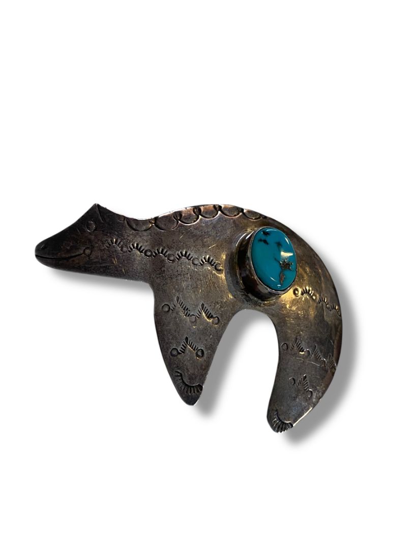 Nakai Navajo Sterling Silver Bear Brooch 42mm Turquoise