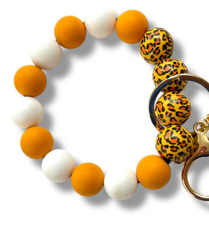 Keyring Clip Bracelet Stretchy Orange Leopard Print Handbag Tassel