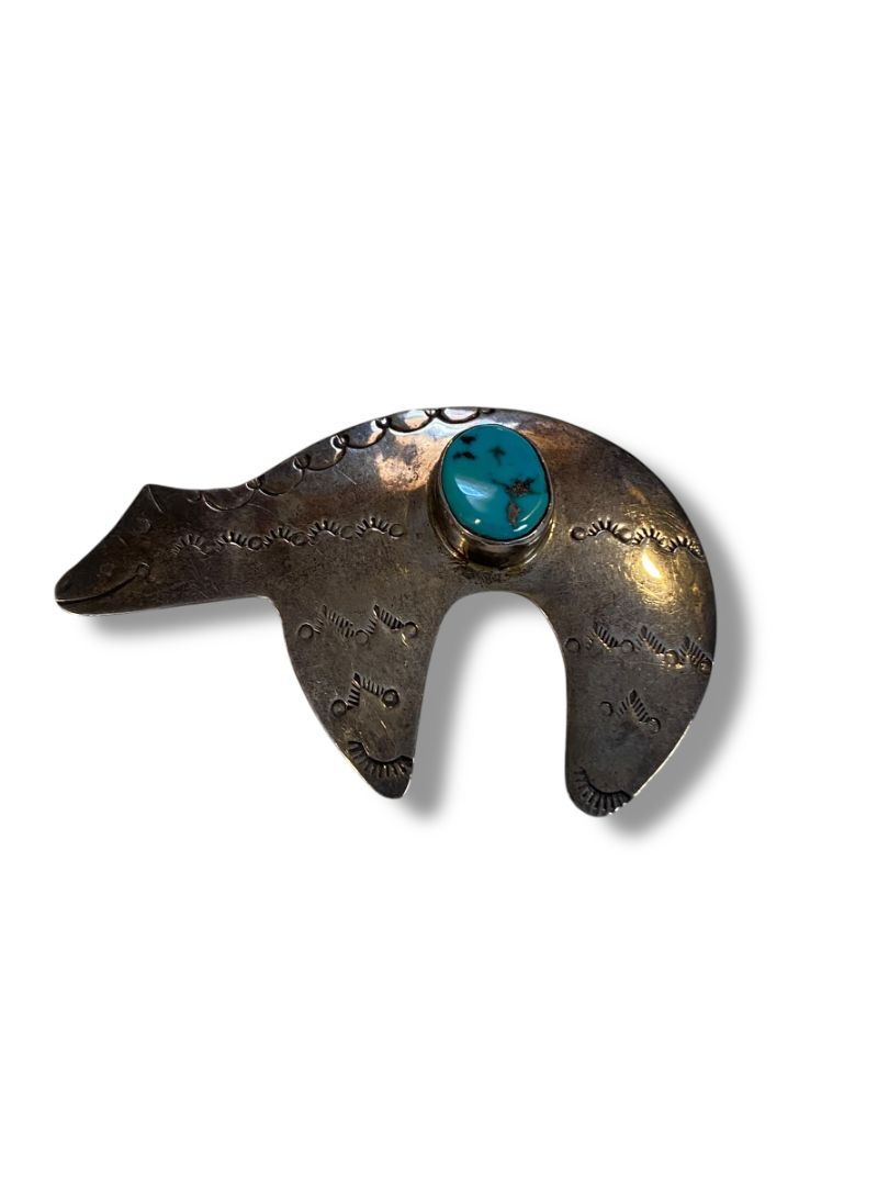 Nakai Navajo Sterling Silver Bear Brooch 42mm Turquoise