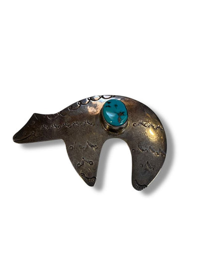 Nakai Navajo Sterling Silver Bear Brooch 42mm Turquoise