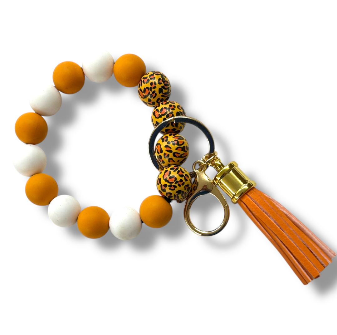 Keyring Clip Bracelet Stretchy Orange Leopard Print Handbag Tassel