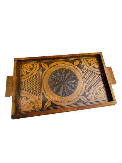 Antique Wooden Chip Oak Under Glass Carved Serving Tray 17" x 9.25"