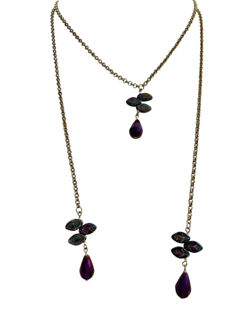Wrap Around Necklace No Clasp Goldtone Purple 42" Length