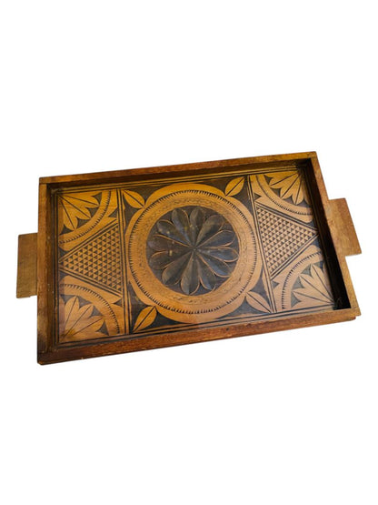 Antique Wooden Chip Oak Under Glass Carved Serving Tray 17" x 9.25"