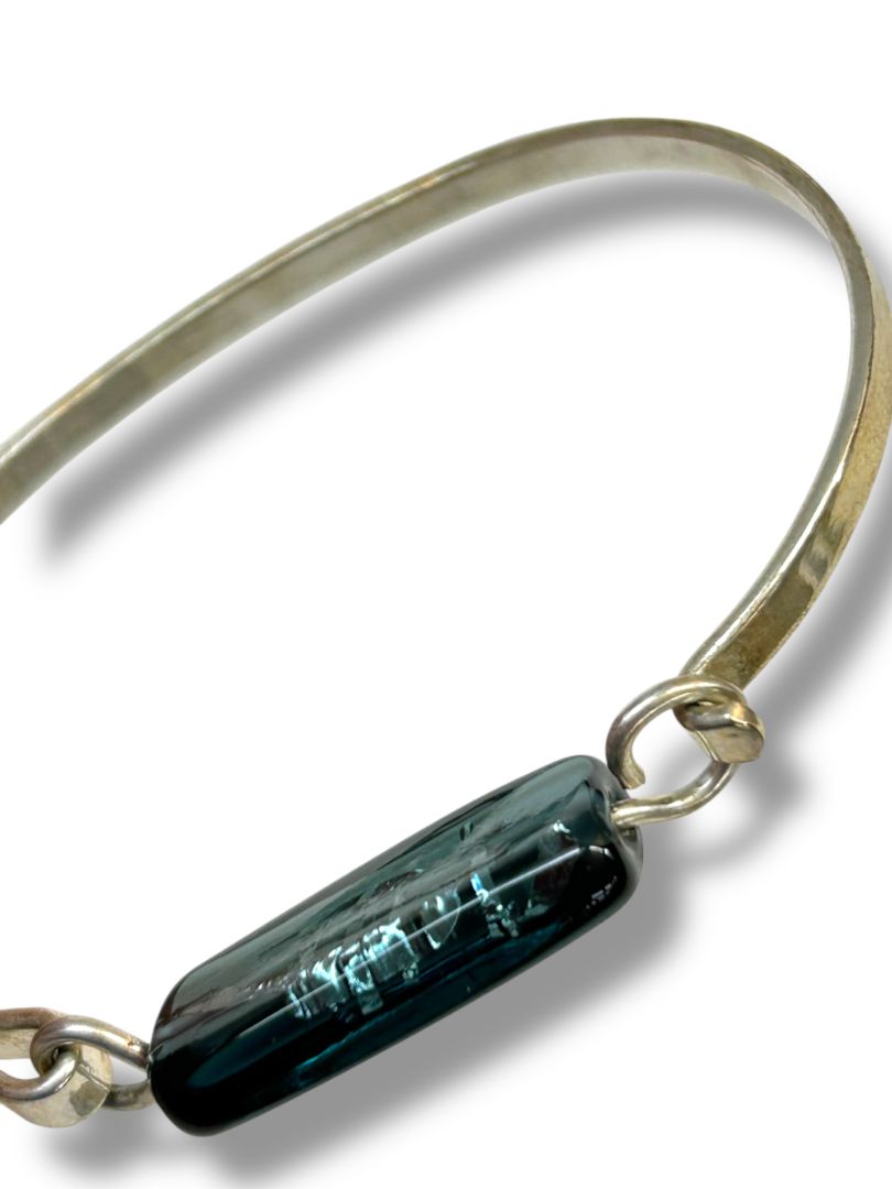 Silvertone Bangle Bracelet Hook Blue Glass Bead 2.4" Inside Diameter
