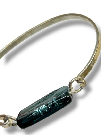 Silvertone Bangle Bracelet Hook Blue Glass Bead 2.4" Inside Diameter