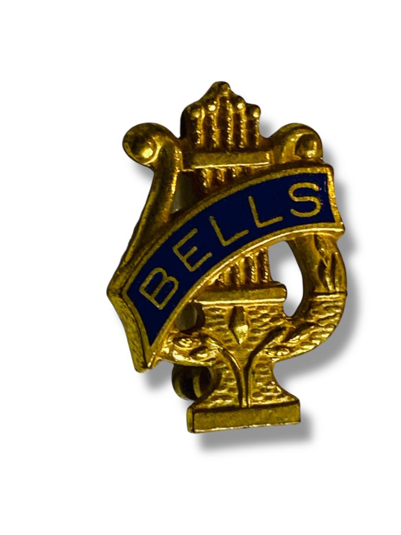 Vintage Music Lapel Pin Bells Lyre Goldtone Blue .7"