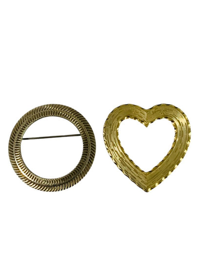 Set of 2 Vintage Goldtone Brooches Heart Circle Textured 1.25"