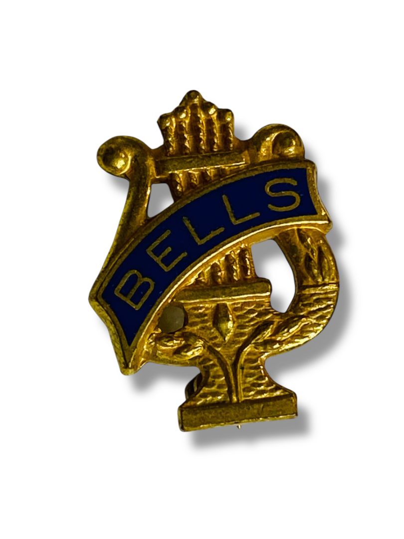 Vintage Music Lapel Pin Bells Lyre Goldtone Blue .7"