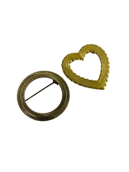 Set of 2 Vintage Goldtone Brooches Heart Circle Textured 1.25"