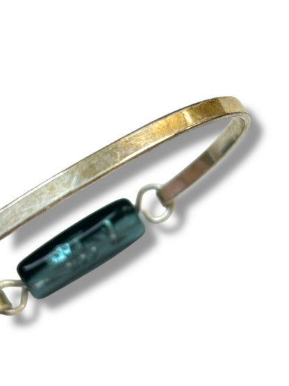 Silvertone Bangle Bracelet Hook Blue Glass Bead 2.4" Inside Diameter
