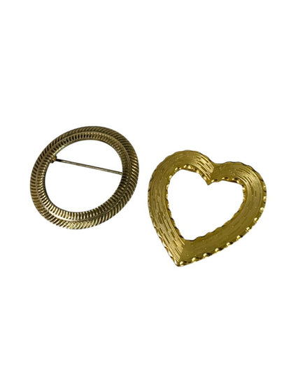Set of 2 Vintage Goldtone Brooches Heart Circle Textured 1.25"