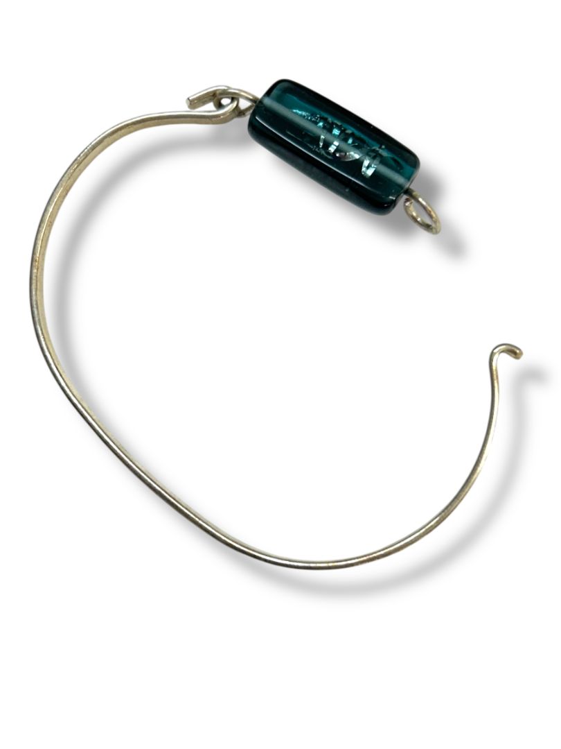 Silvertone Bangle Bracelet Hook Blue Glass Bead 2.4" Inside Diameter