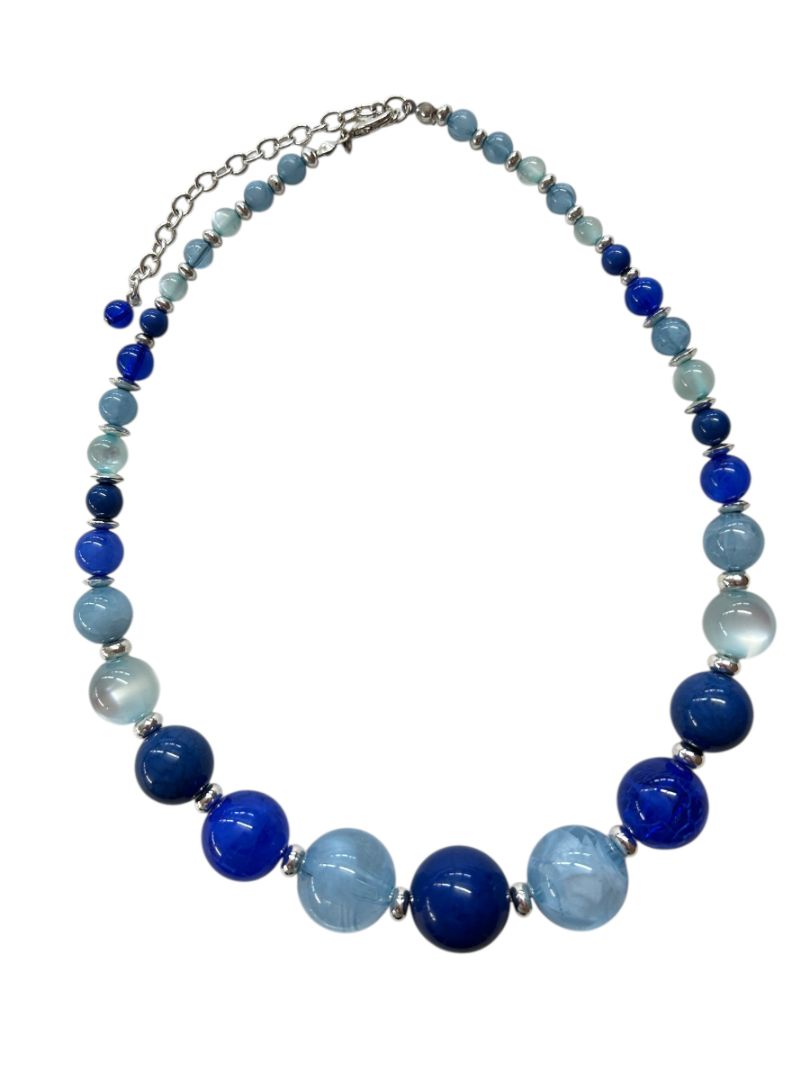 Graduated Blue Beaded Necklace Silvertone Spacers 17"+3" Extender