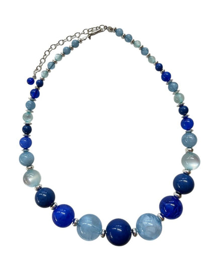 Graduated Blue Beaded Necklace Silvertone Spacers 17"+3" Extender