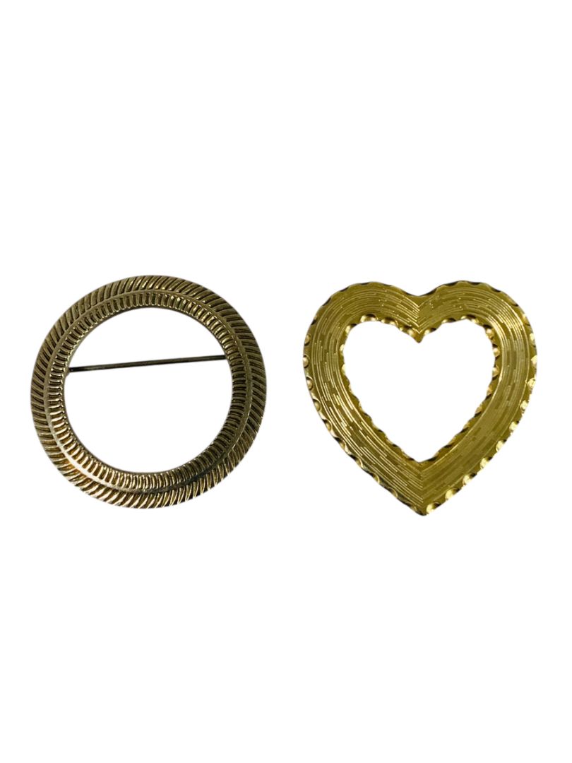 Set of 2 Vintage Goldtone Brooches Heart Circle Textured 1.25"