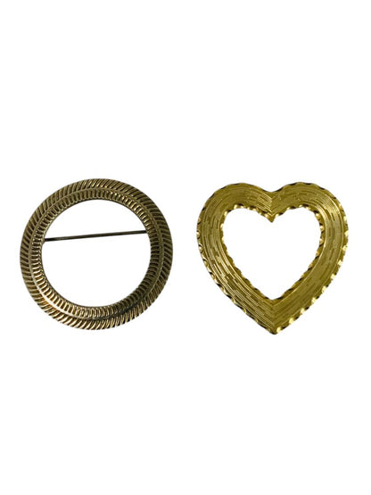Set of 2 Vintage Goldtone Brooches Heart Circle Textured 1.25"