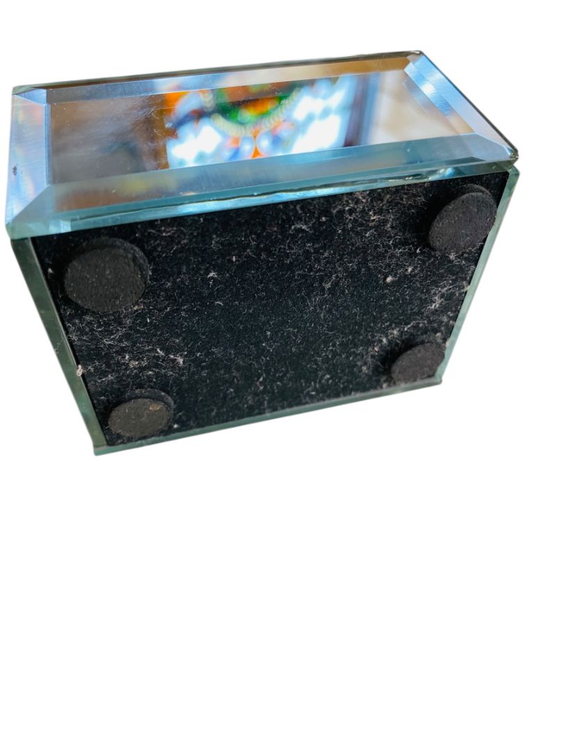 Vintage Beveled Mirror Rhinestone Flower Trinket Jewelry Box Hinged 3" x 2"