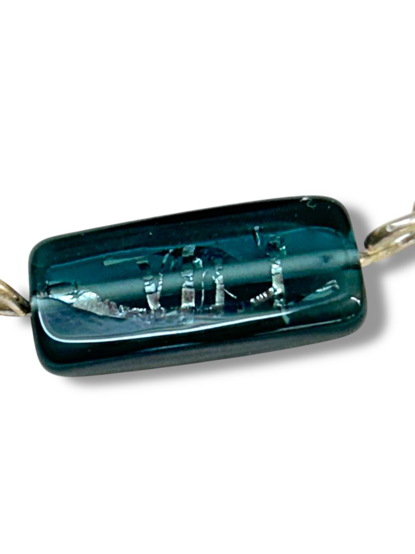 Silvertone Bangle Bracelet Hook Blue Glass Bead 2.4" Inside Diameter