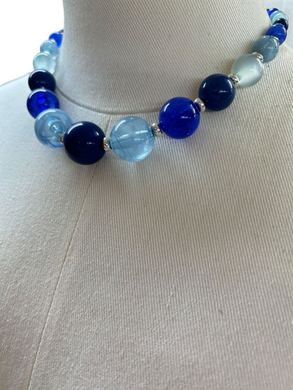 Graduated Blue Beaded Necklace Silvertone Spacers 17"+3" Extender