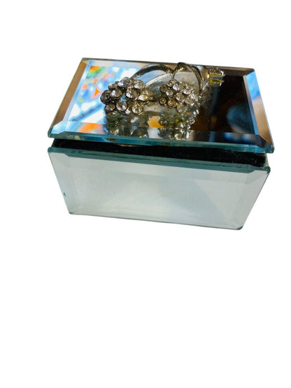 Vintage Beveled Mirror Rhinestone Flower Trinket Jewelry Box Hinged 3" x 2"