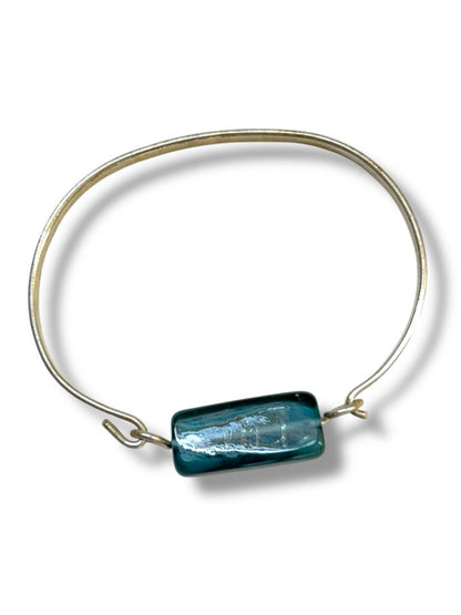 Silvertone Bangle Bracelet Hook Blue Glass Bead 2.4" Inside Diameter