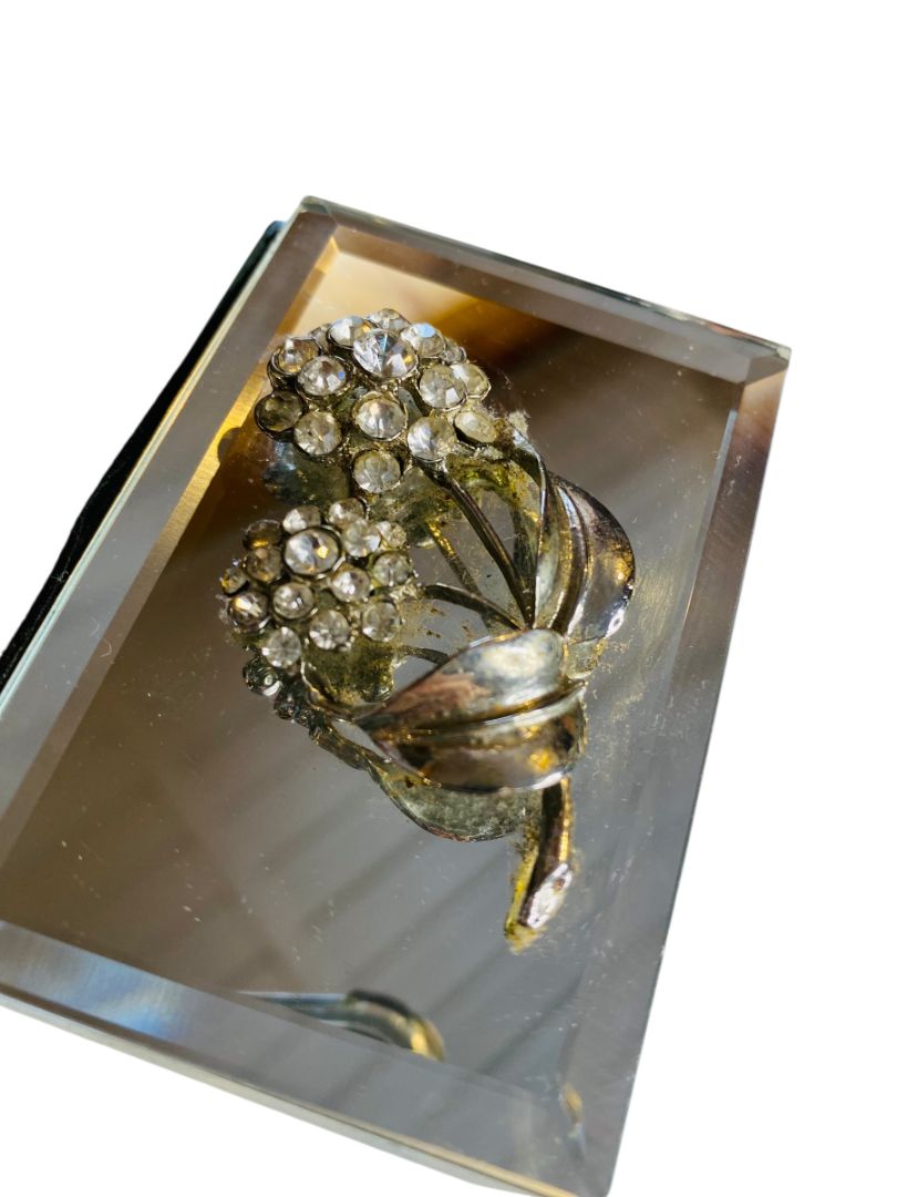 Vintage Beveled Mirror Rhinestone Flower Trinket Jewelry Box Hinged 3" x 2"