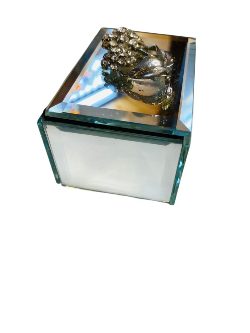 Vintage Beveled Mirror Rhinestone Flower Trinket Jewelry Box Hinged 3" x 2"
