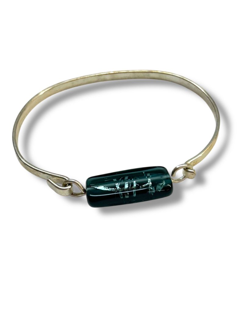 Silvertone Bangle Bracelet Hook Blue Glass Bead 2.4" Inside Diameter