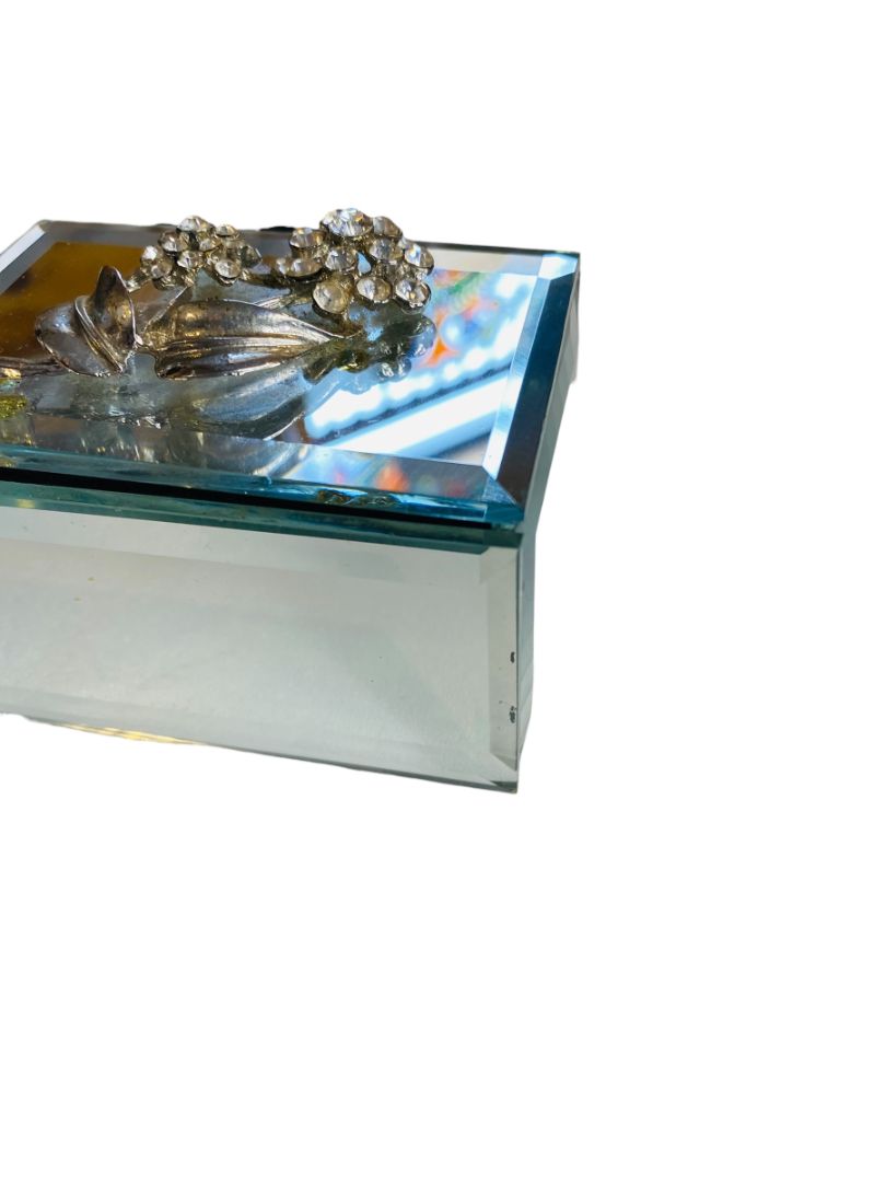 Vintage Beveled Mirror Rhinestone Flower Trinket Jewelry Box Hinged 3" x 2"