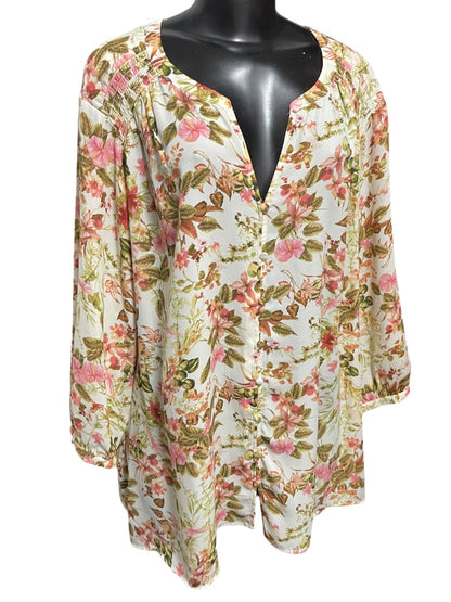 Size 3X Rose + Olive Floral 3/4 Sleeve Button Down Blouse Womens