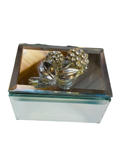 Vintage Beveled Mirror Rhinestone Flower Trinket Jewelry Box Hinged 3" x 2"