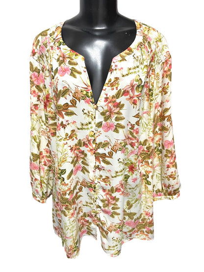Size 3X Rose + Olive Floral 3/4 Sleeve Button Down Blouse Womens