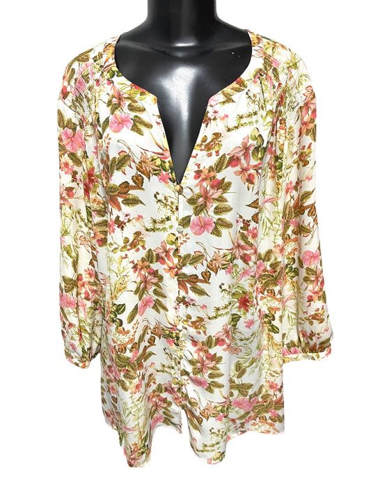 Size 3X Rose + Olive Floral 3/4 Sleeve Button Down Blouse Womens