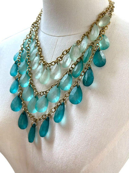 Charming Charlie Statement Tiered Necklace Goldtone Teal Turquoise Color