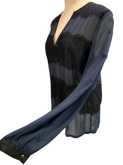 Medium Ann Taylor Womens Sheer V-Neck Pullover Shirt Navy Blue Black
